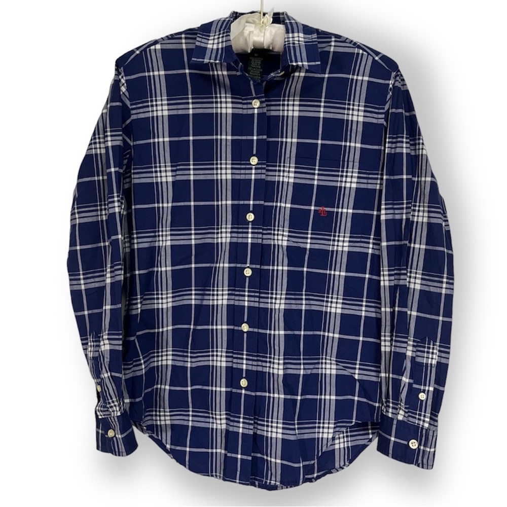 Lauren Ralph Lauren Blue Plaid Blouse Button Down Top 100% Cotton Preppy Sz 4 P